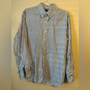 Ralph Lauren long sleeve button down polo. blue and white checkered, large